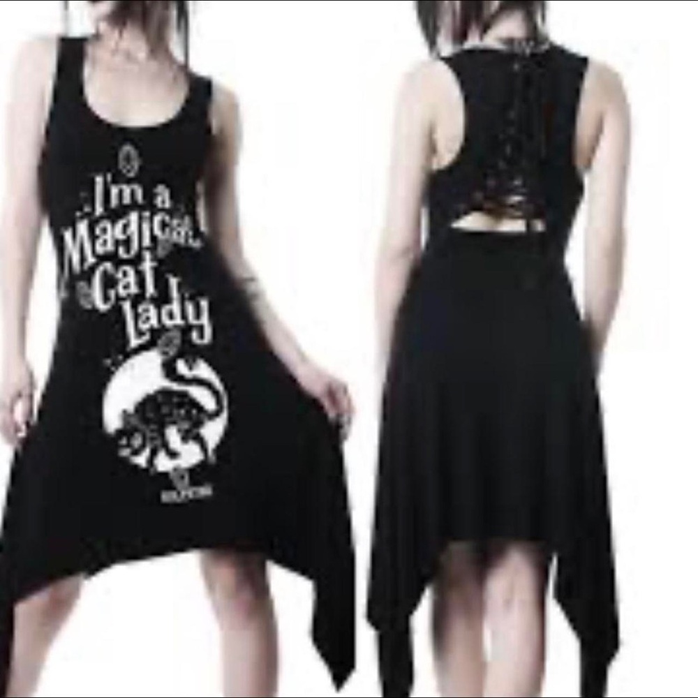 HTF Killstar Magical Cat Lady Black Dress with White Graphic and lacing in back